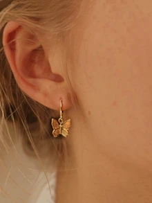 ROMWE Pendientes largos con mariposa con diseño redondo 1 par - Amarillo Oro - Ver 1