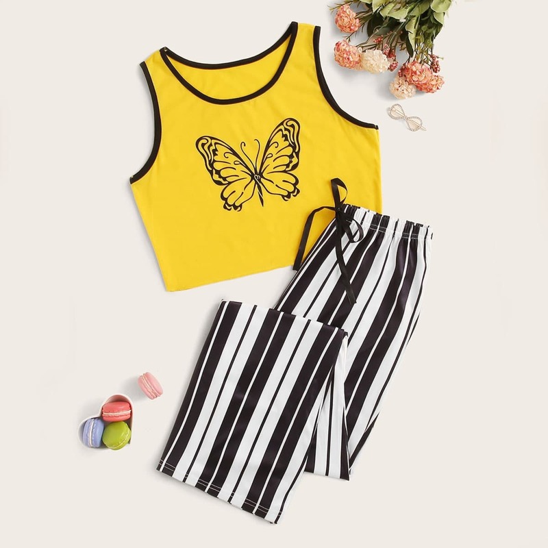 

Butterfly Print Striped Pajama Set, Multicolor