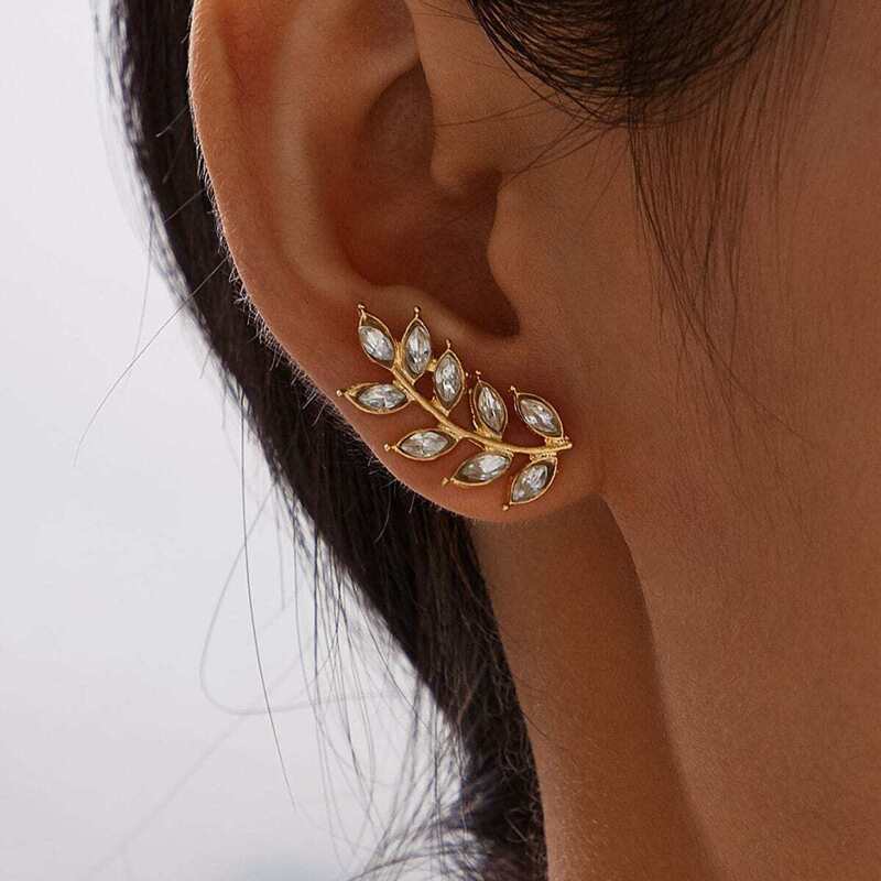

Rhinestone Decor Leaf Stud Earrings 1pair, Gold