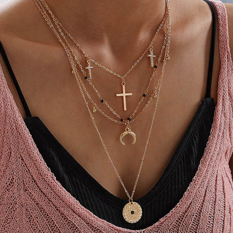 

Moon & Cross Charm Layered Necklace 1pc, Gold