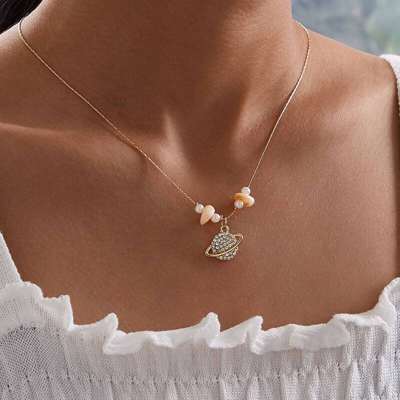 

Rhinestone Engraved Planet Charm Necklace 1pc, Gold