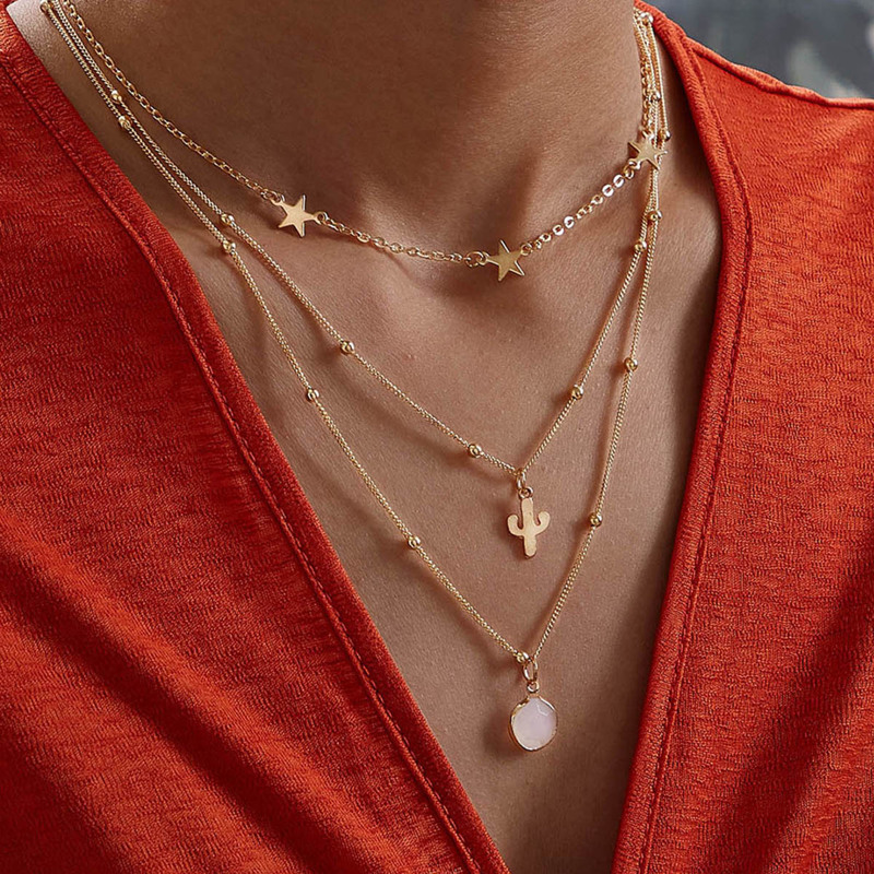 

Cactus & Star Charm Layered Necklace 1pc, Gold