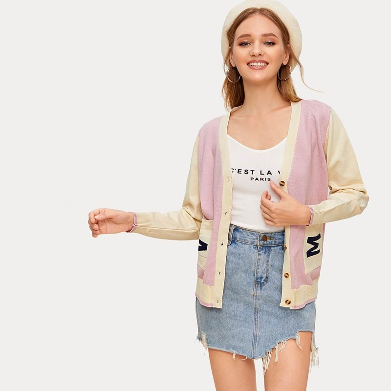 

Contrast Panel Letter Pattern Cardigan, Multicolor