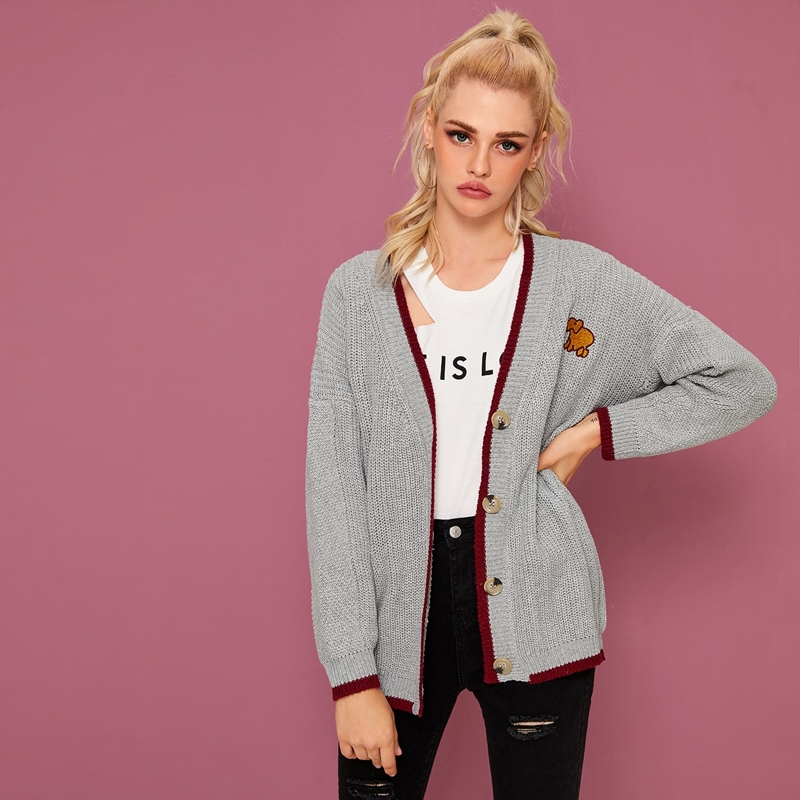 

Contrast Binding Elephant Pattern Cardigan, Grey