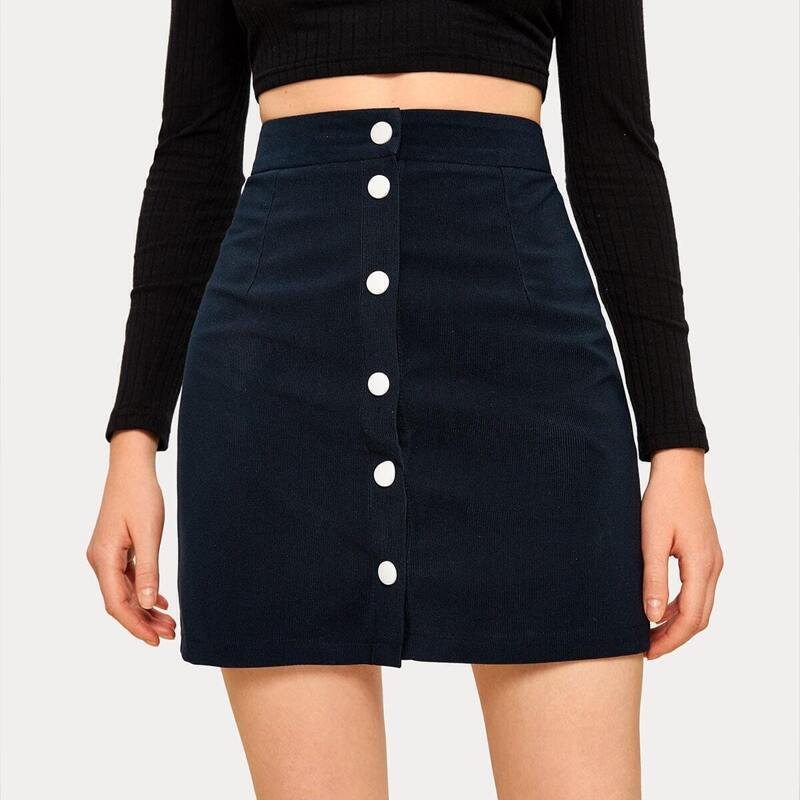

Solid Button Through Corduroy Skirt, Navy