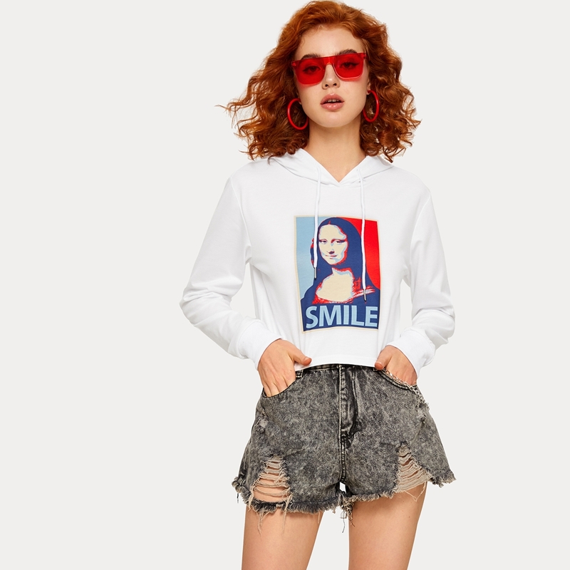 

Letter & Figure Print Drawstring Hoodie, White