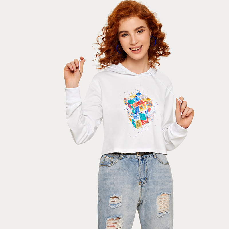 

Rubik Cube Print Drawstring Sweatshirt, White