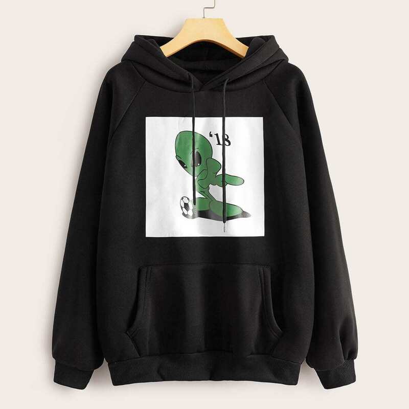 

Cartoon Print Kangaroo Pocket Drawstring Hoodie, Black