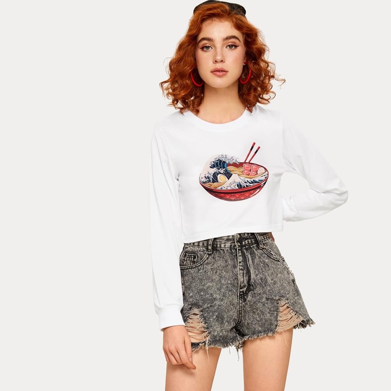 

Graphic Print Round Neck Crop Sweatshirt, White