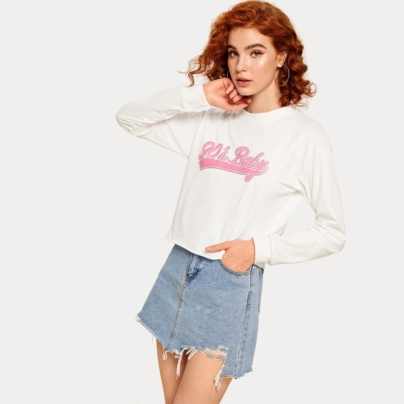 

Letter Print Round Neck Sweatshirt, White