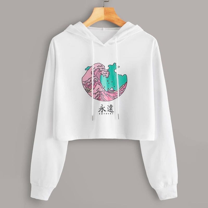 

Sea Wave Print Drawstring Crop Hoodie, White