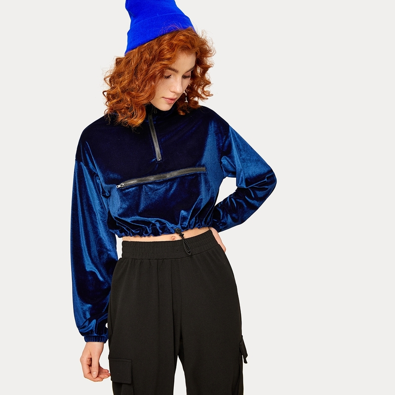 

Zip Pocket Front Drawstring Hem Crop Velvet Sweatshirt, Blue