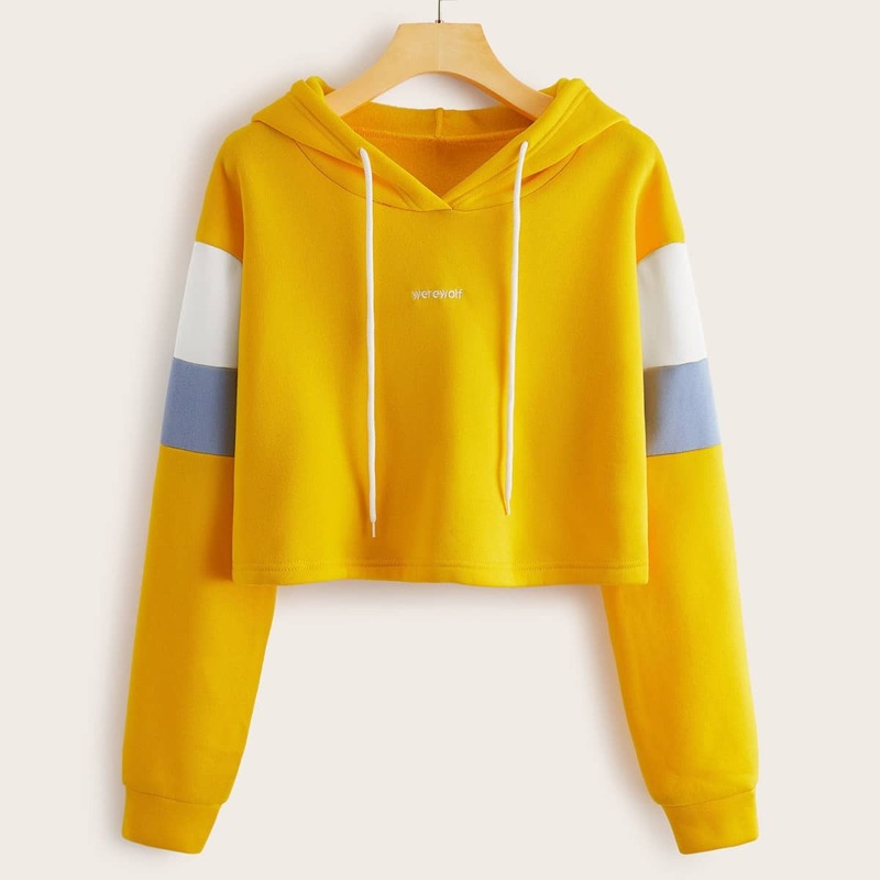 

Letter Embroidery Drawstring Crop Hoodie, Yellow bright