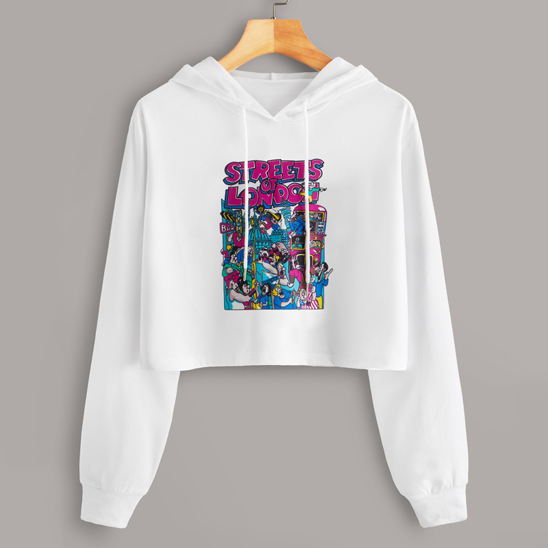 

Letter & Cartoon Print Drawstring Crop Hoodie, White