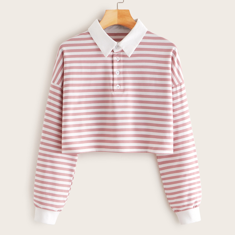 

Contrast Binding Polo Neck Crop Sweatshirt, Pink