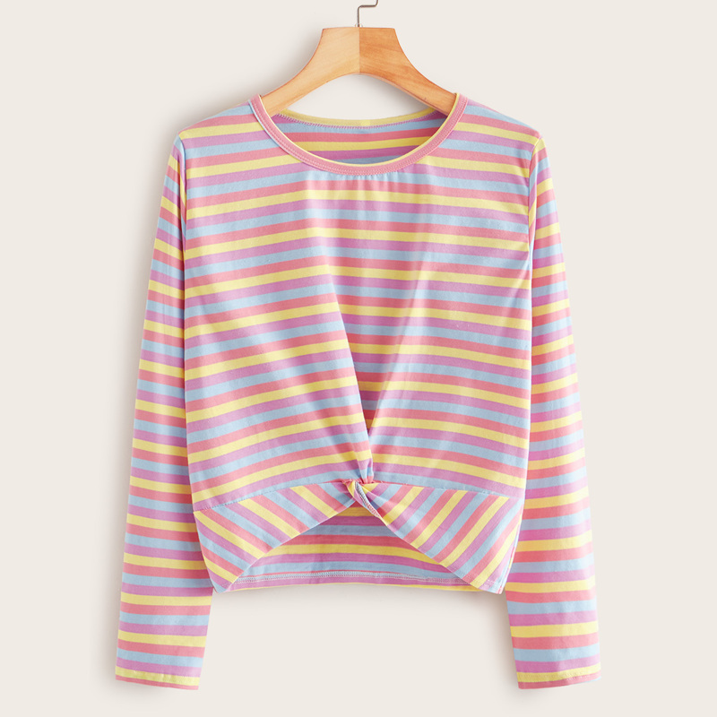 

Multi-stripe Twist Front Long Sleeve Tee, Multicolor