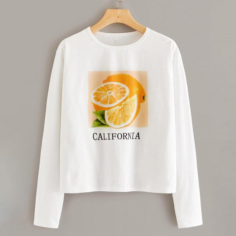 

Letter & Orange Print Long Sleeve Tee, White
