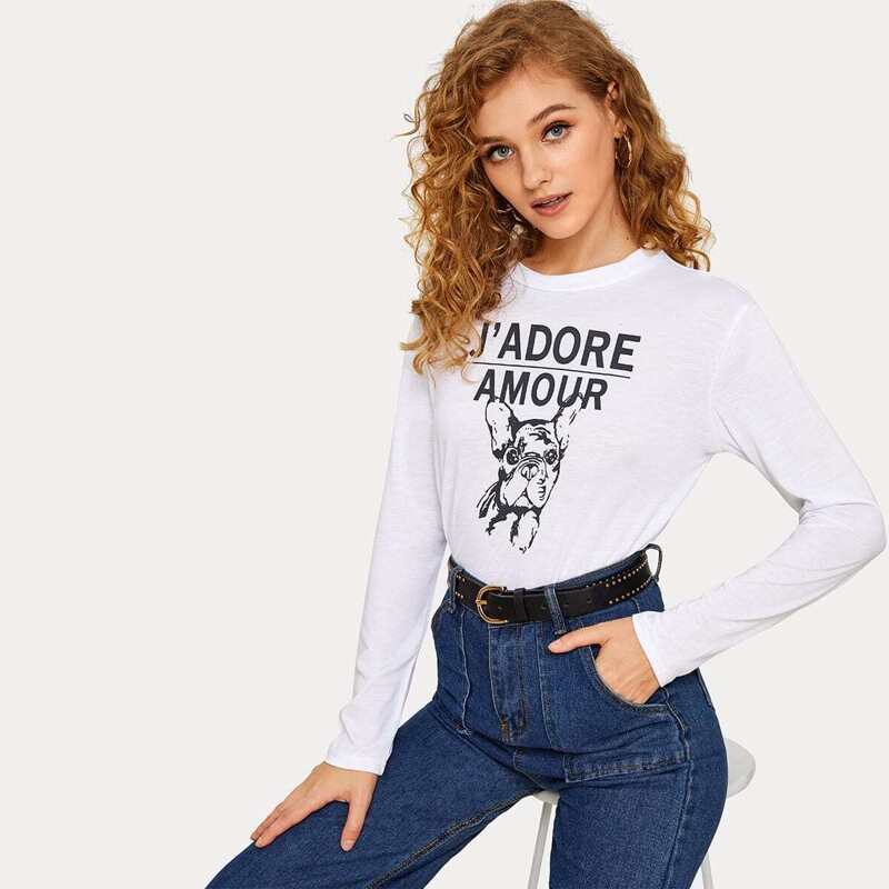 

Letter & Dog Print Long Sleeve Tee, White
