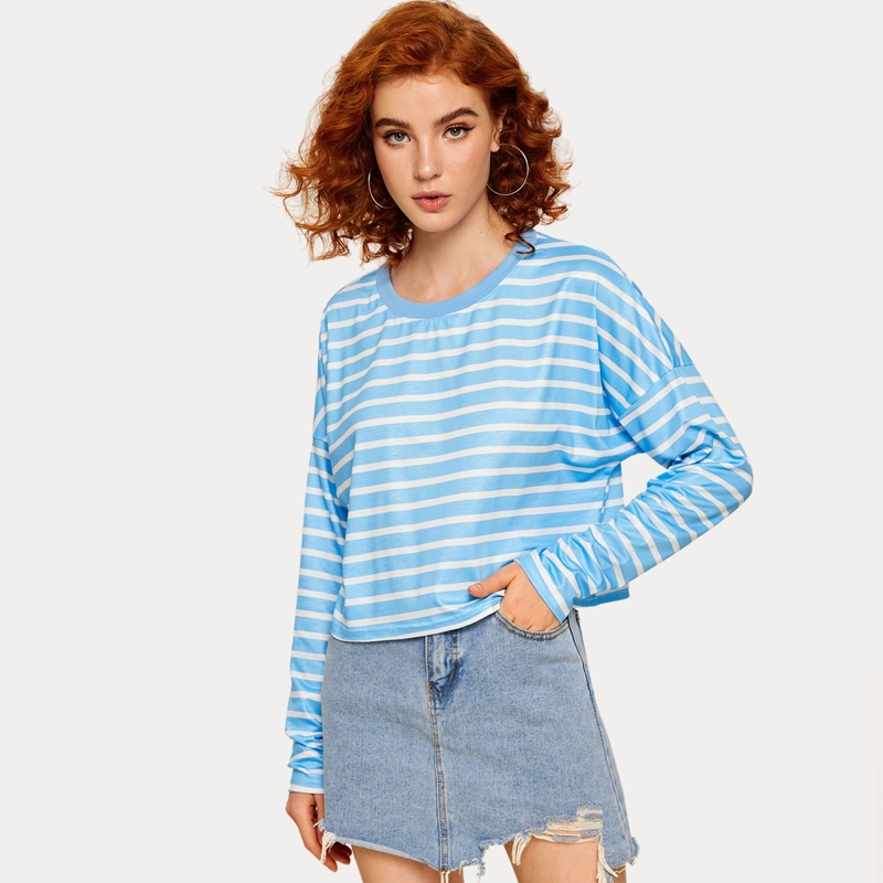 

Striped Drop Shoulder Long Sleeve Tee, Blue