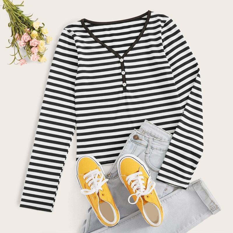 

Striped V-neck Half Button Tee, Black and white