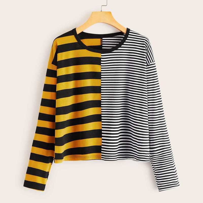 

Two Tone Striped Drop Shoulder Tee, Multicolor