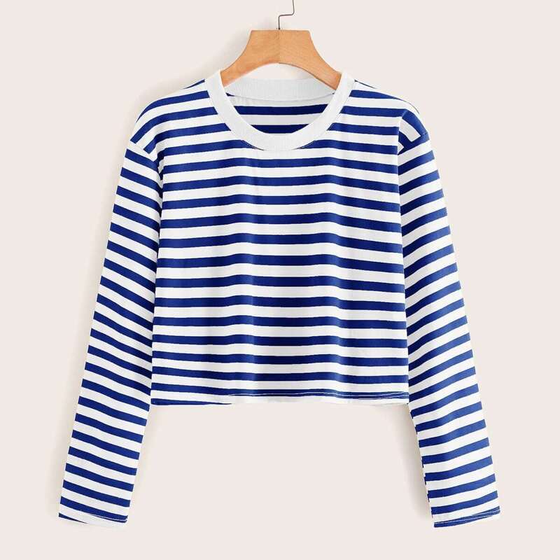 

Contrast Binding Striped Crop Tee, Blue