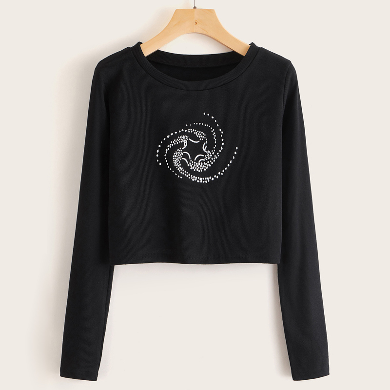 

Graphic Print Long Sleeve Crop Tee, Black