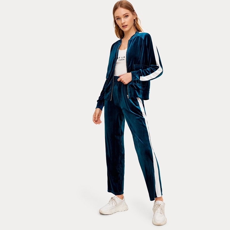 

Contrast Panel Zip-up Velvet Bomber Jacket & Sweatpants, Blue