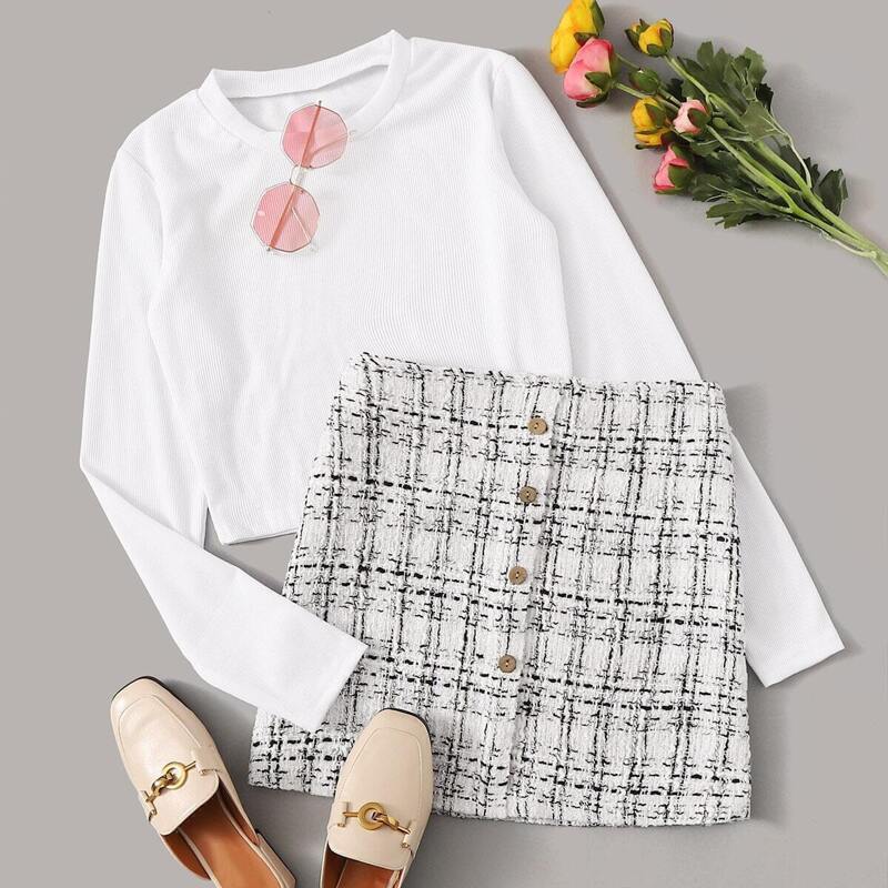 

Solid Long Sleeve Ribbed Tee & Tweed Skirt, Black and white