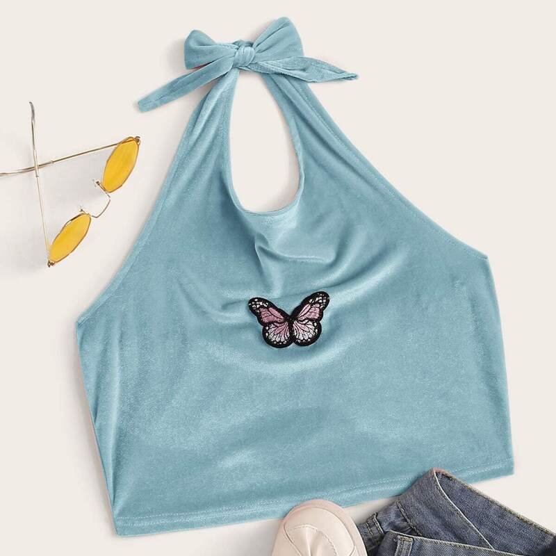 

Butterfly Patched Velvet Halter Top, Blue