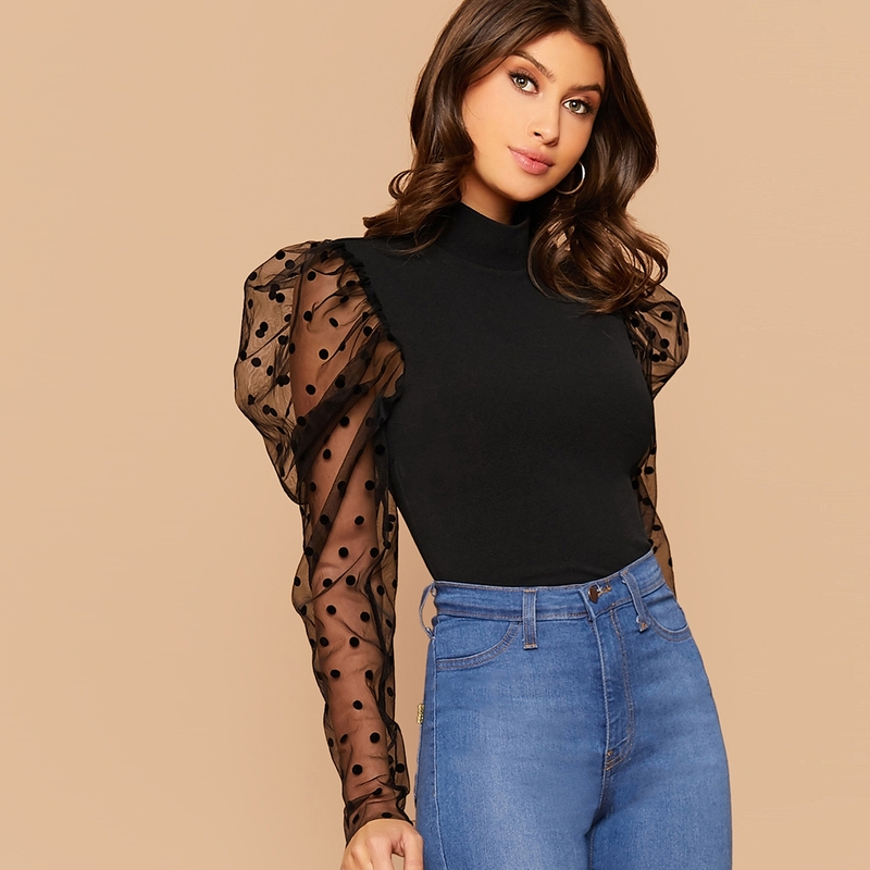 

Dobby Mesh Gigot Sleeve Mock-neck Slim Top, Black