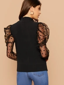 SHEIN Dobby Mesh Gigot Sleeve Mock-neck Slim Top