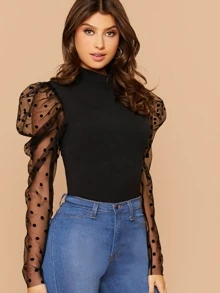 SHEIN Dobby Mesh Gigot Sleeve Mock-neck Slim Top