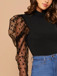 SHEIN Dobby Mesh Gigot Sleeve Mock-neck Slim Top