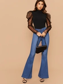 SHEIN Dobby Mesh Gigot Sleeve Mock-neck Slim Top