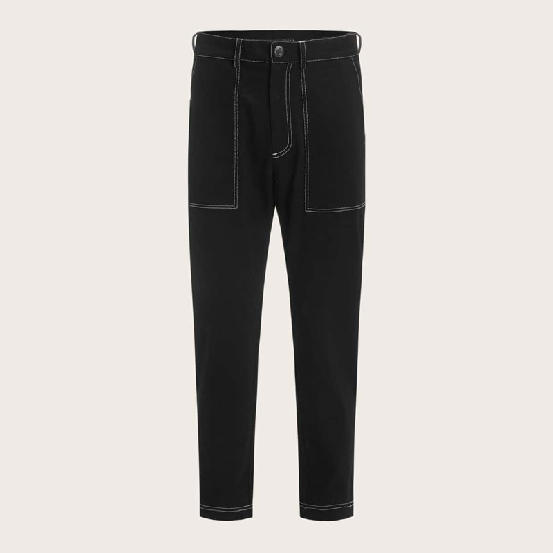Guys Patch Pocket Contrast Stitch Pants, Black