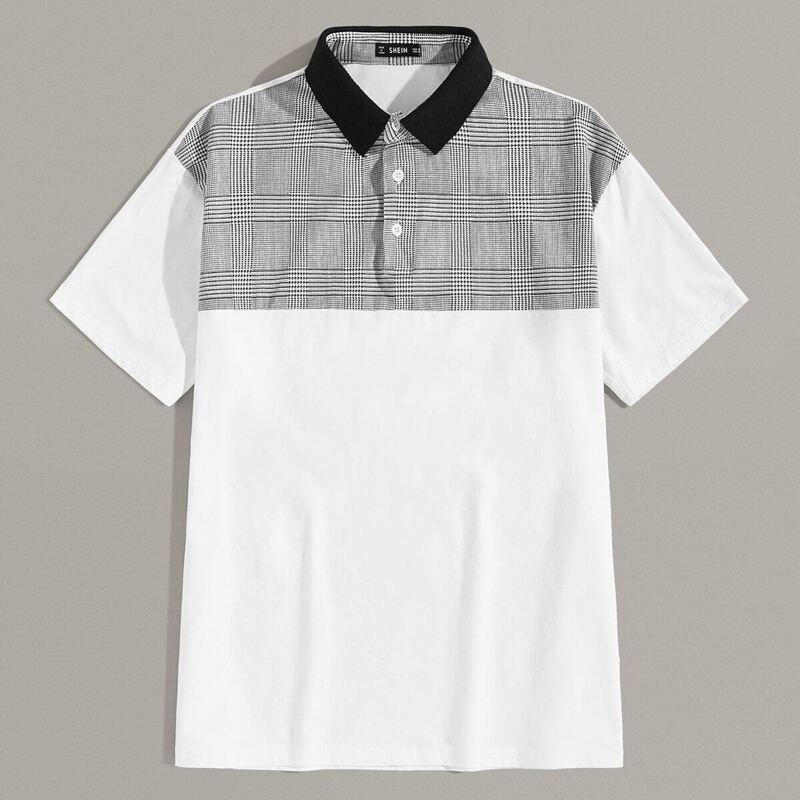 

Guys Plaid Insert Contrast Collar Polo Shirt, White