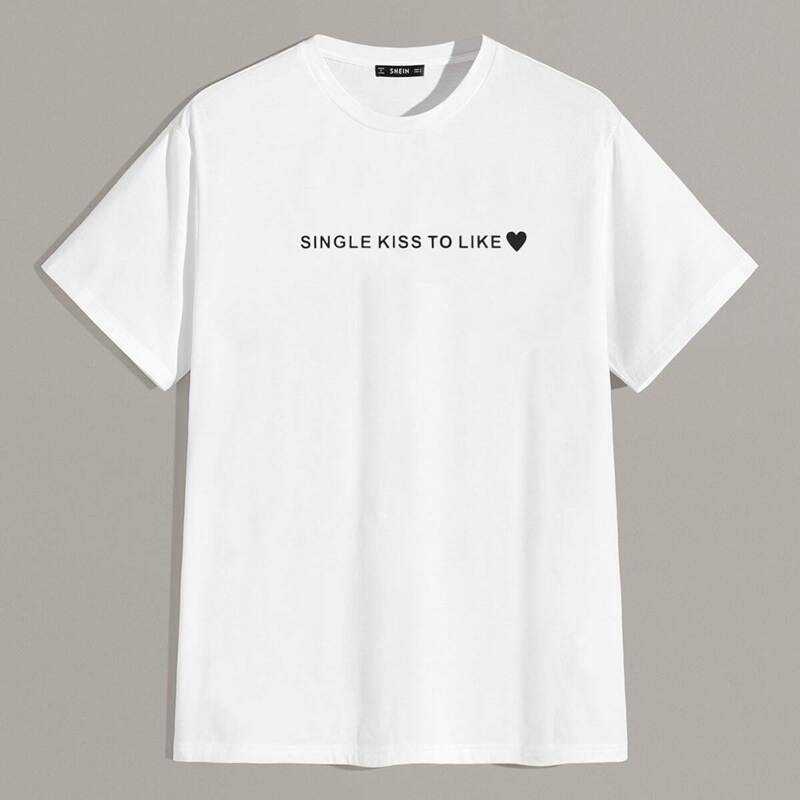 

Guys Slogan & Heart Print Tee, White
