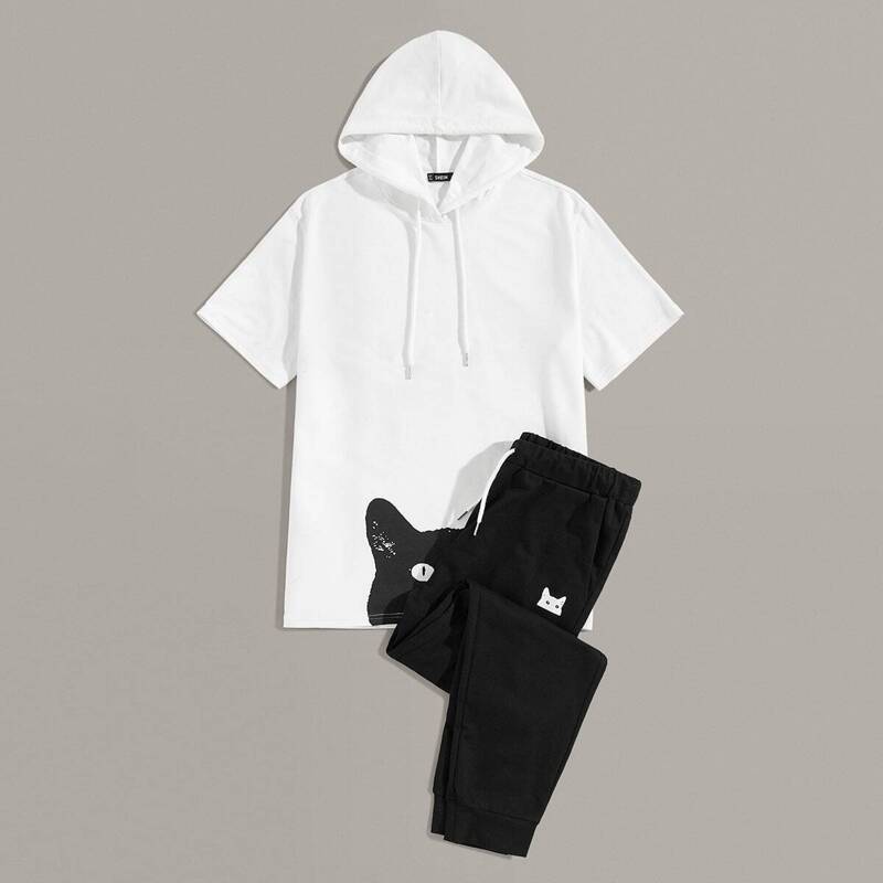 

Guys Cat Print Hoodie & Sweatpants Set, Black and white
