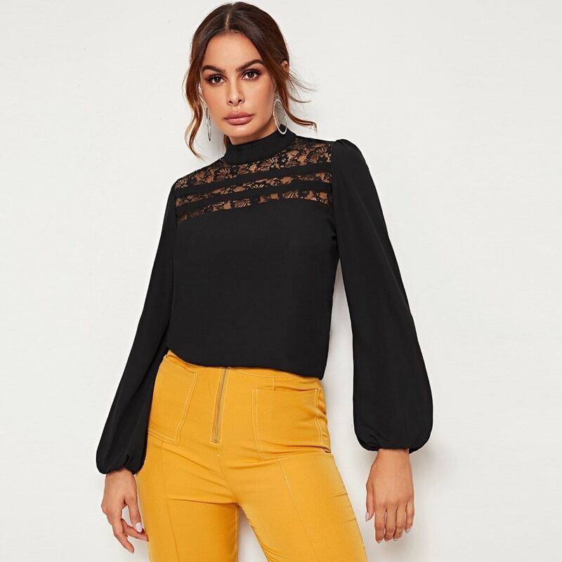 

Mock-Neck Lace Yoke Lantern Sleeve Top, Black