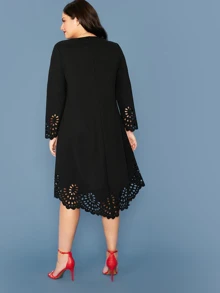 SHEIN Clasi Plus Scallop Trim Laser Cut High Low Dress - Black - View 2