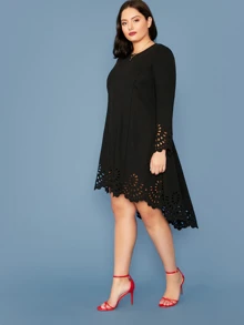 SHEIN Clasi Plus Scallop Trim Laser Cut High Low Dress - Black - View 3