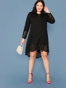 SHEIN Clasi Plus Scallop Trim Laser Cut High Low Dress - Black - View 5