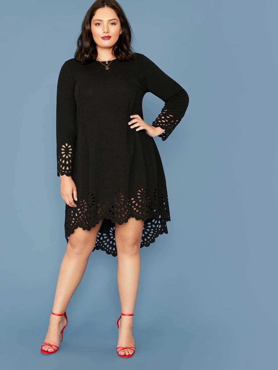 SHEIN Clasi Plus Scallop Trim Laser Cut High Low Dress - Black - View 1