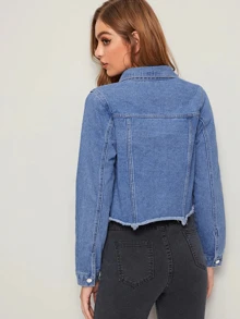 SHEIN Frenchy Raw Hem Button Front Pocket Denim Jacket Casual Blue - Blue - View 2