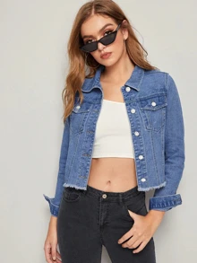 SHEIN Frenchy Raw Hem Button Front Pocket Denim Jacket Casual Blue - Blue - View 4