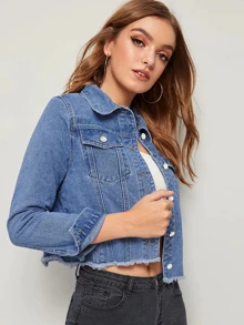 SHEIN Frenchy Raw Hem Button Front Pocket Denim Jacket Casual Blue - Blue - View 1