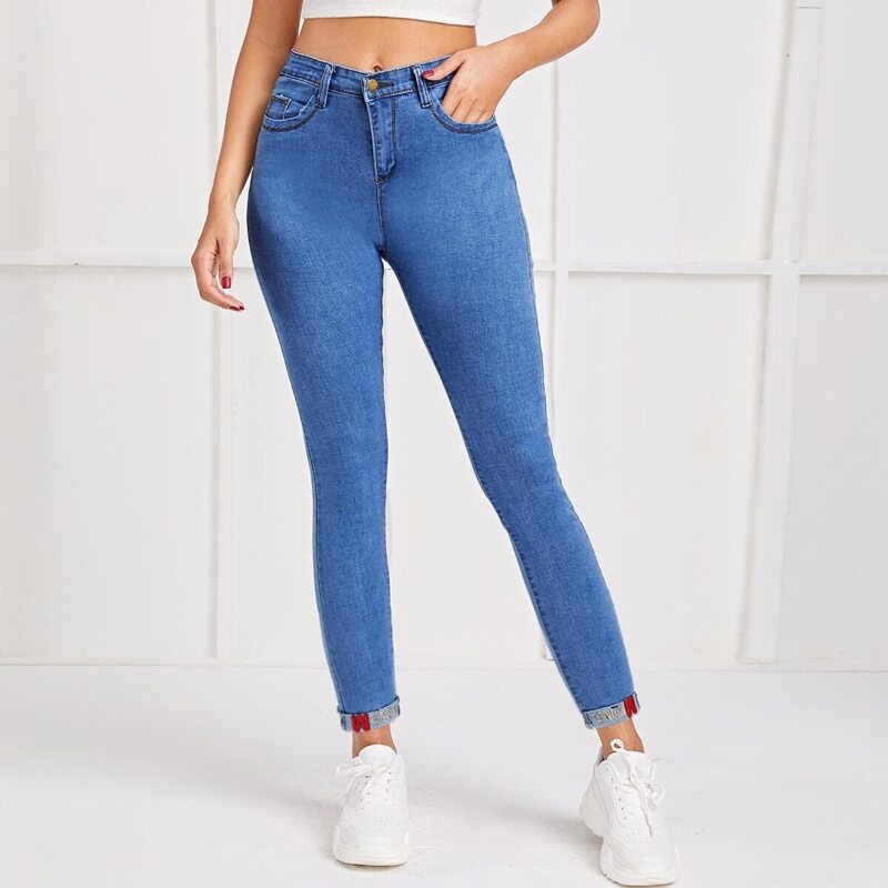 

Letter Embroidery Cuffed Hem Skinny Jeans, Blue