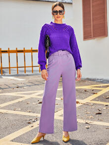 Split Hem Buckle Belted Straight Leg Trousers - Lilac Purple - View 4