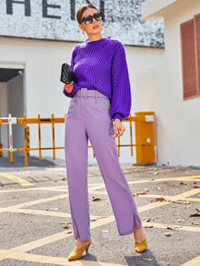 Split Hem Buckle Belted Straight Leg Trousers - Lilac Purple - View 1